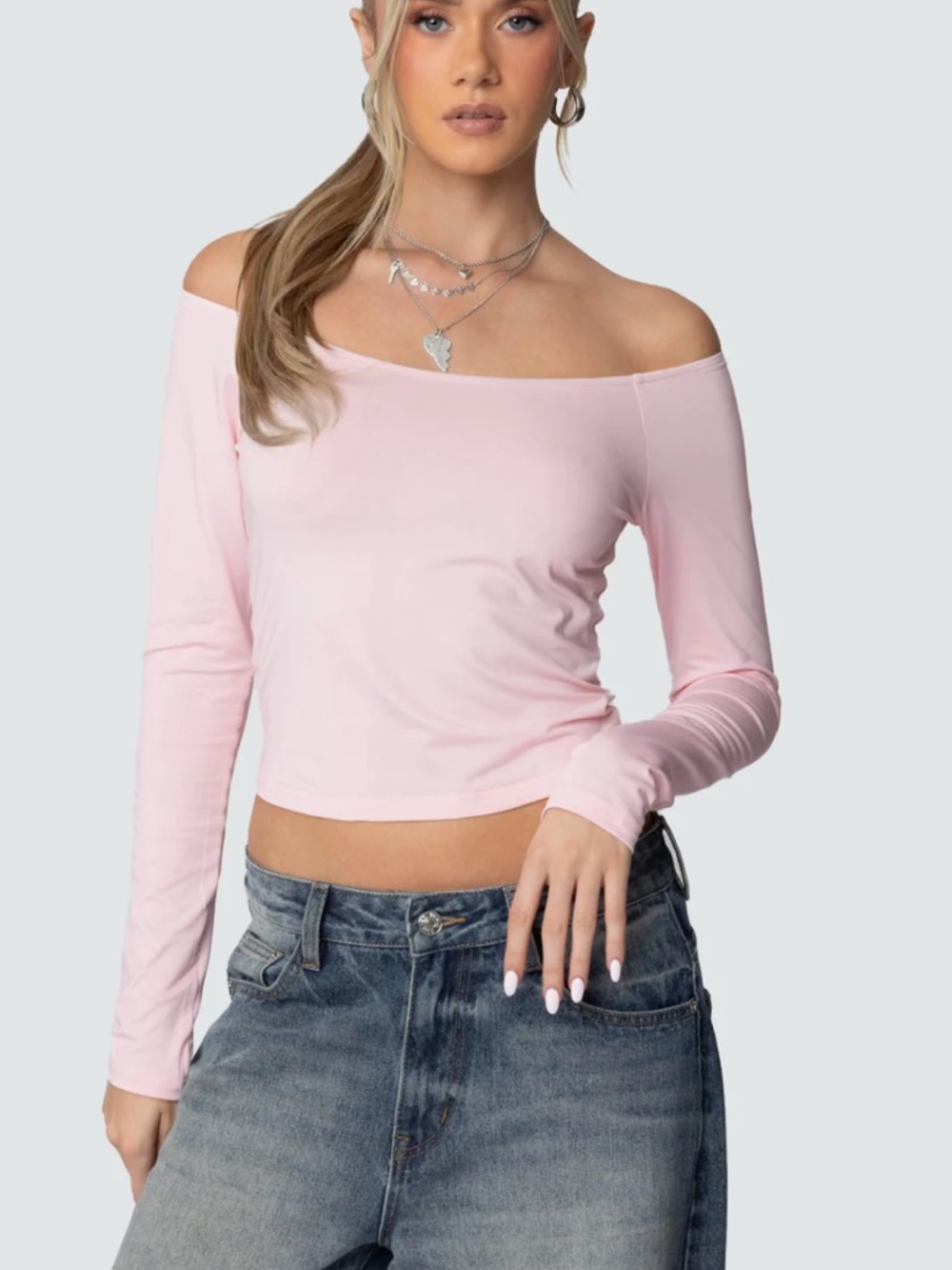 Edikted NWT Tahlia Off-Shoulder Long Sleeve Crop Top - Light Pink Size Small